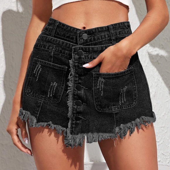 Faded Black Distressed Denim Skorts Button fly